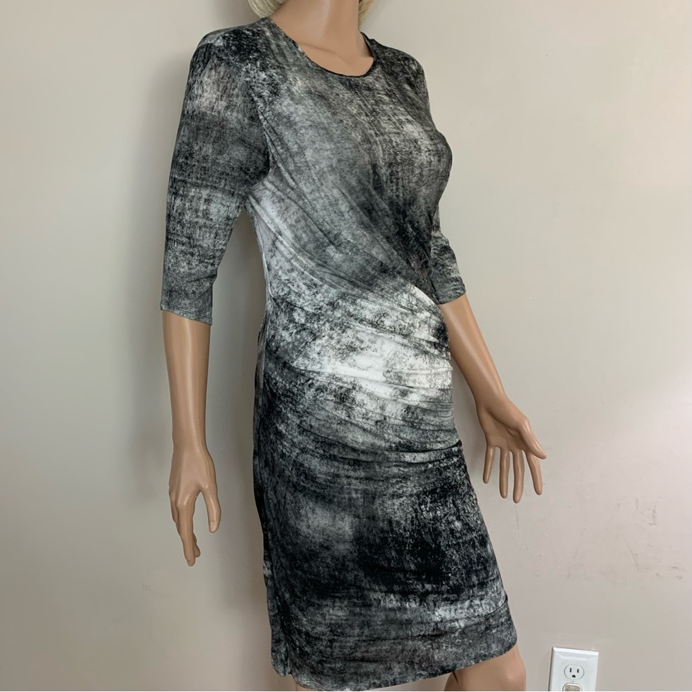 Women's HELMUT LANG Grayscale NOVA Bodycon RUCHED Stretch DESIGNER DRESS  L